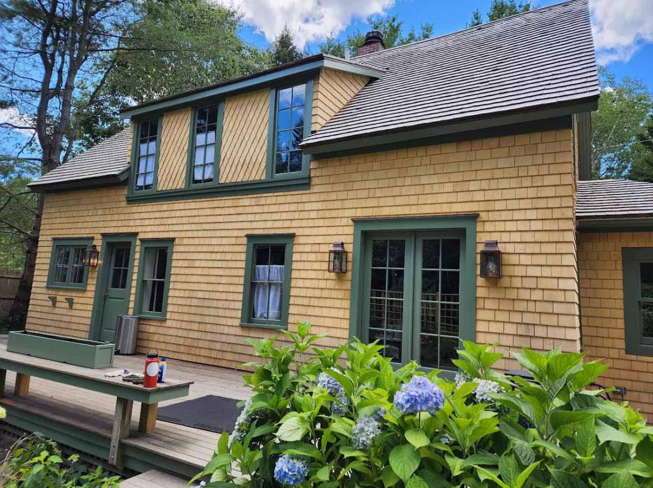 A two-story home with dark yellow cedar siding, a tan deck, green trim, doors, windows, and blue hydrangeas.